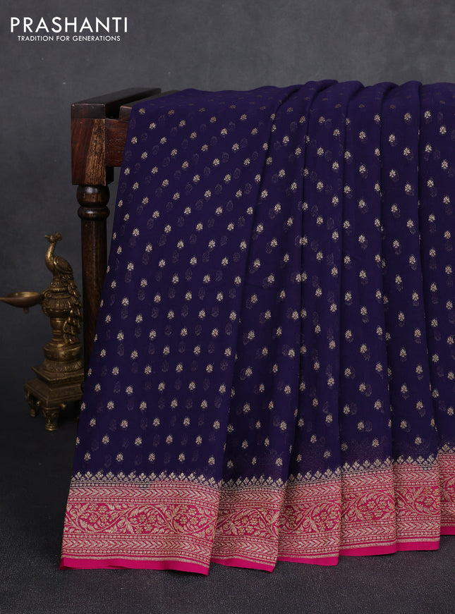 Banarasi georgette saree navy blue and pink with allover thread & zari woven buttas and woven border