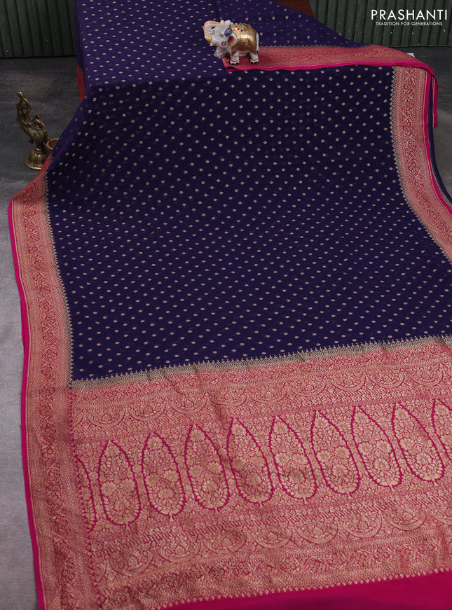 Banarasi georgette saree navy blue and pink with allover thread & zari woven buttas and woven border