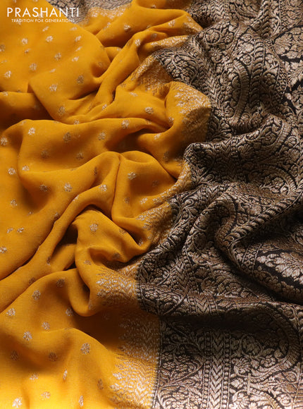 Banarasi georgette saree mustard yellow and black with allover thread & zari woven buttas and woven border
