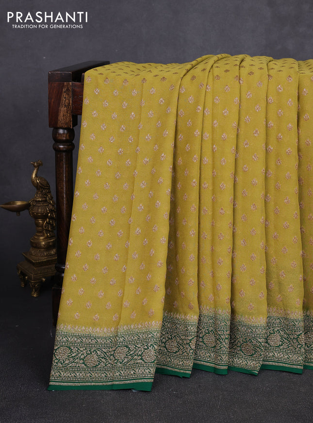 Banarasi georgette saree mustard green and green with allover thread & zari woven buttas and woven border