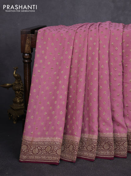 Banarasi georgette saree deep mauve pink and wine with allover thread & zari woven buttas and woven border