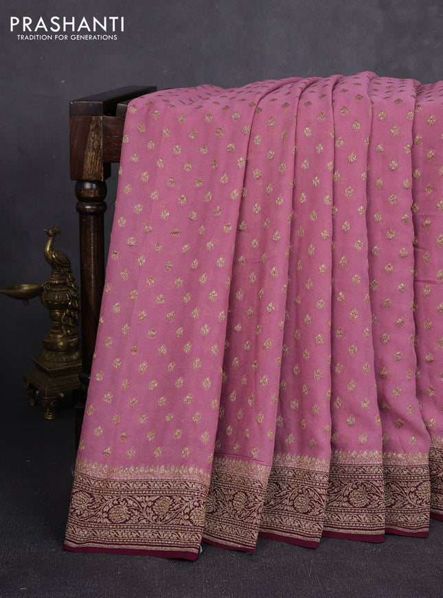 Banarasi georgette saree deep mauve pink and wine with allover thread & zari woven buttas and woven border