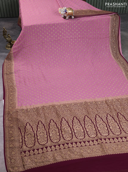 Banarasi georgette saree deep mauve pink and wine with allover thread & zari woven buttas and woven border