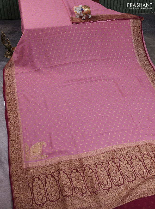 Banarasi georgette saree mauve pink and wine with allover thread & zari woven buttas and woven border