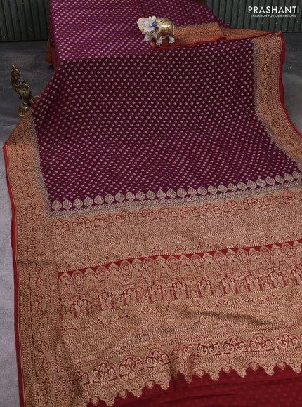 Banarasi georgette saree wine and rustic orange with allover thread & zari woven buttas and woven border