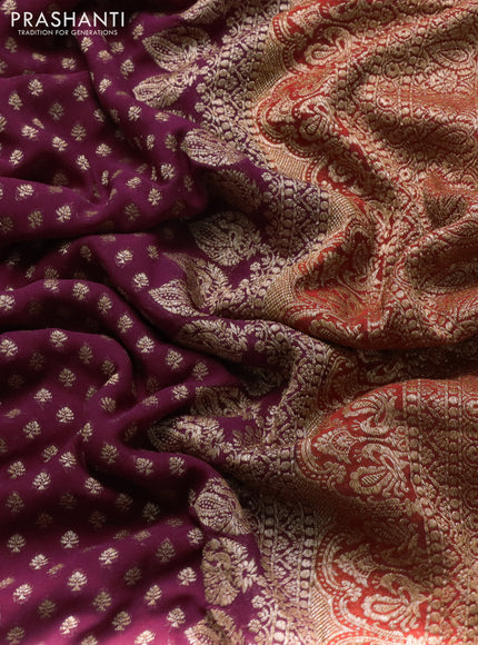Banarasi georgette saree wine and rustic orange with allover thread & zari woven buttas and woven border