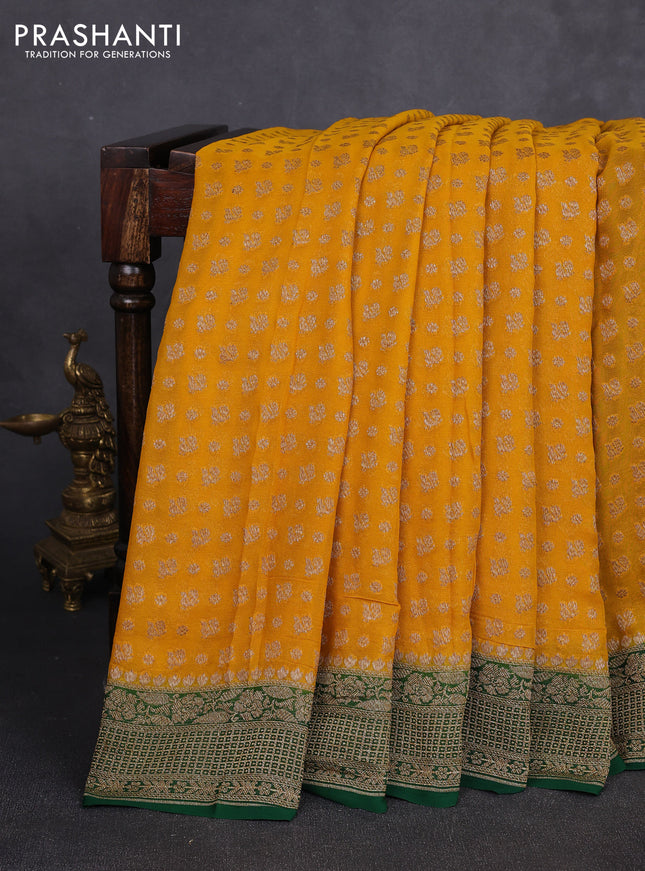 Banarasi georgette saree mustard yellow and green with allover thread & zari woven buttas and woven border
