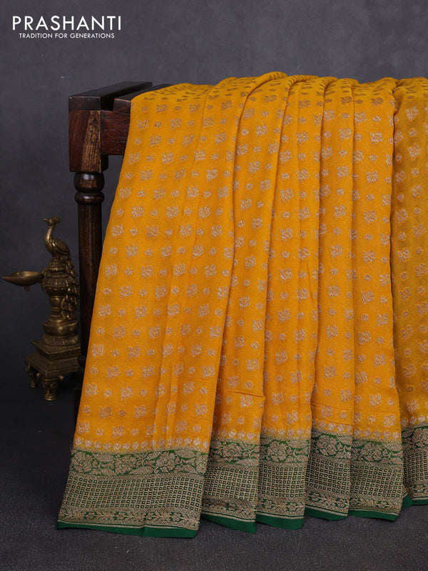 Banarasi georgette saree mustard yellow and green with allover thread & zari woven buttas and woven border