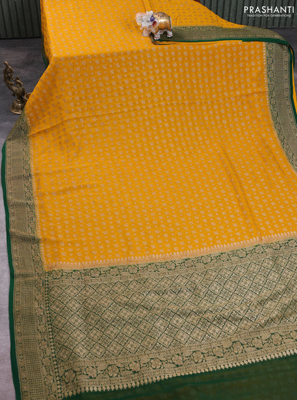 Banarasi georgette saree mustard yellow and green with allover thread & zari woven buttas and woven border