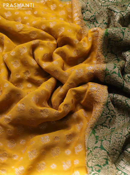 Banarasi georgette saree mustard yellow and green with allover thread & zari woven buttas and woven border