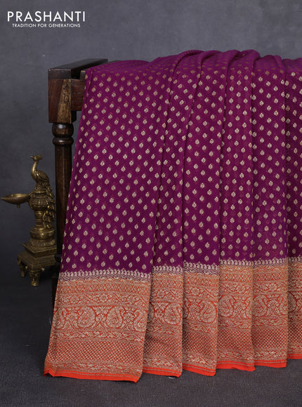Banarasi georgette saree dark magenta pink and orange with allover thread & zari woven buttas and long woven border