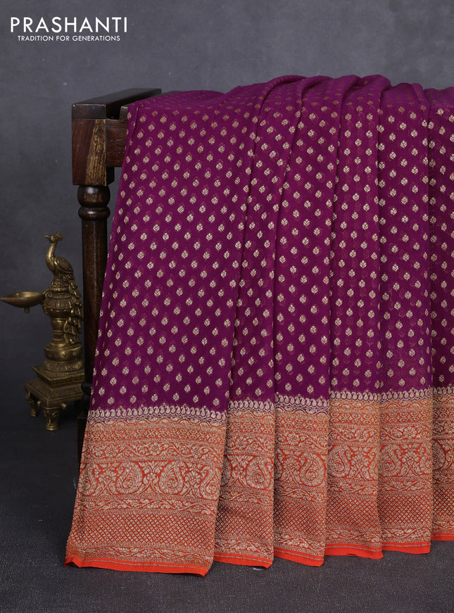 Banarasi georgette saree dark magenta pink and orange with allover thread & zari woven buttas and long woven border