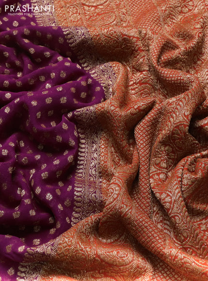 Banarasi georgette saree dark magenta pink and orange with allover thread & zari woven buttas and long woven border