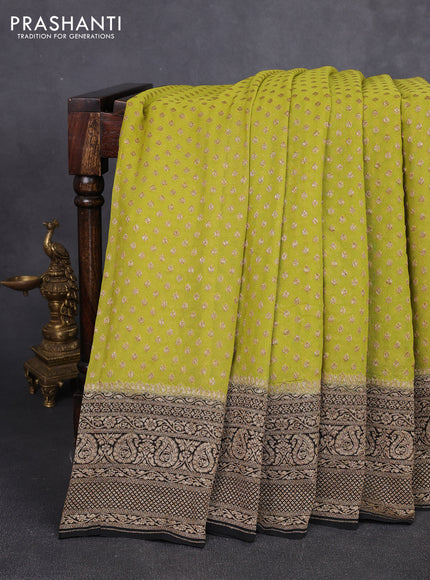 Banarasi georgette saree mustard green and black with allover thread & zari woven buttas and long woven border