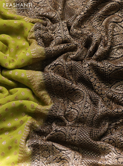 Banarasi georgette saree mustard green and black with allover thread & zari woven buttas and long woven border