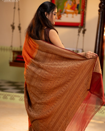 Banarasi georgette saree orange and brown with allover thread & zari woven buttas and long woven border