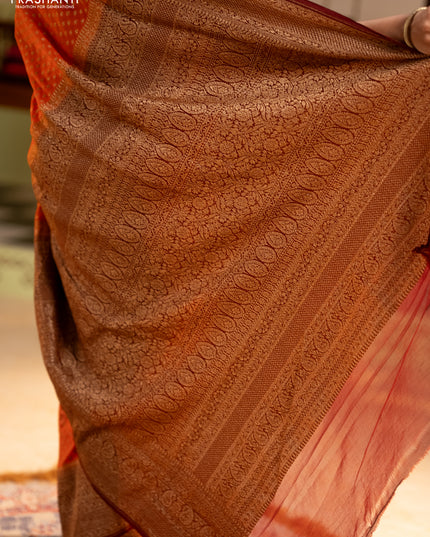 Banarasi georgette saree orange and brown with allover thread & zari woven buttas and long woven border