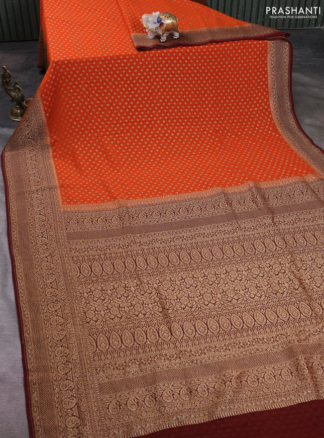 Banarasi georgette saree orange and brown with allover thread & zari woven buttas and long woven border