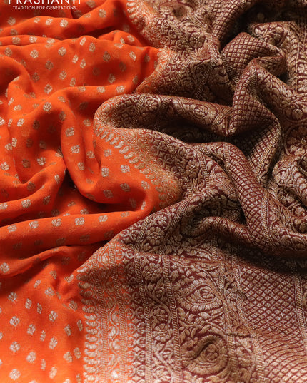 Banarasi georgette saree orange and brown with allover thread & zari woven buttas and long woven border