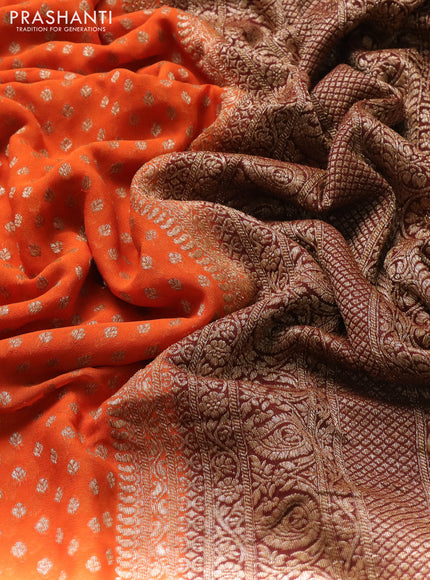 Banarasi georgette saree orange and brown with allover thread & zari woven buttas and long woven border