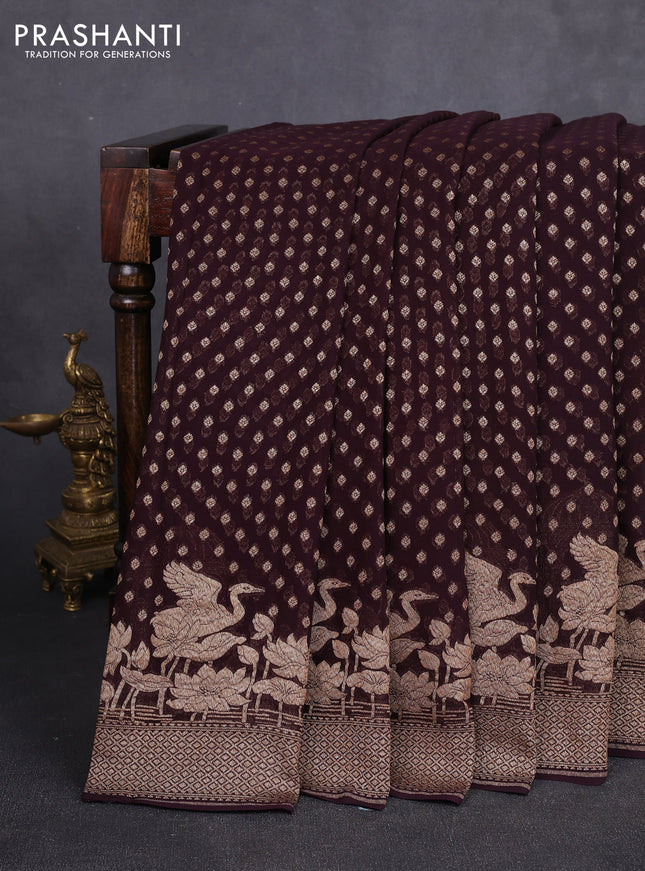 Banarasi georgette saree coffee brown with allover thread & zari woven buttas and woven border