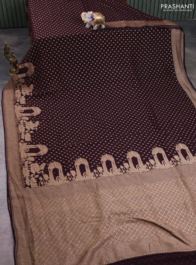 Banarasi georgette saree coffee brown with allover thread & zari woven buttas and woven border