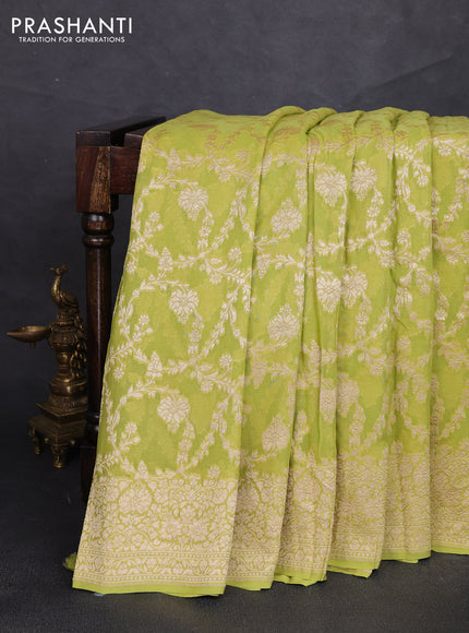 Banarasi georgette saree lime green with allover thread & zari weaves and woven border
