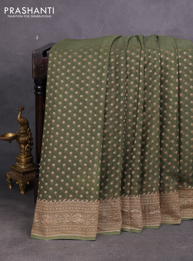Banarasi georgette saree mehendi green with allover thread & zari woven buttas and woven border