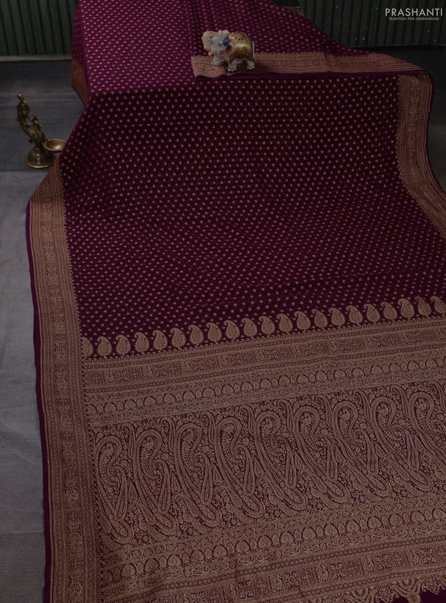 Banarasi georgette saree deep wine shade with allover thread & zari woven buttas and woven border