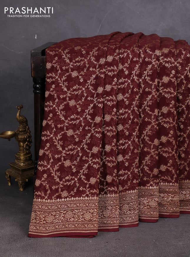 Banarasi georgette saree brown with allover thread & zari weaves and woven border