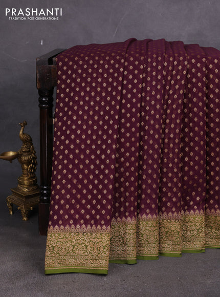 Banarasi georgette saree deep wine and mehendi green with allover thread & zari woven buttas and woven border
