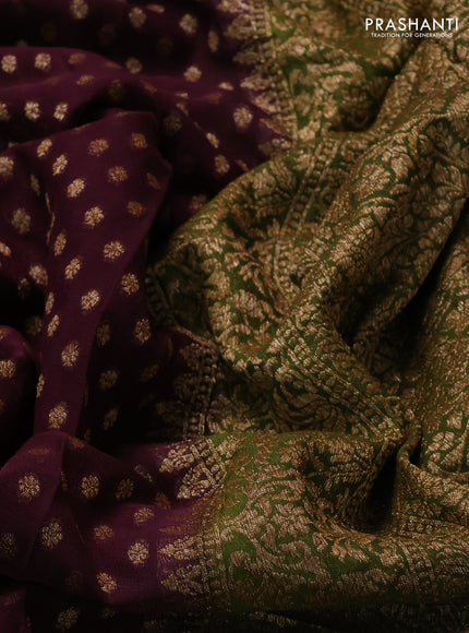 Banarasi georgette saree deep wine and mehendi green with allover thread & zari woven buttas and woven border