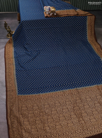 Banarasi georgette saree peacock blue and brown with allover thread & zari woven buttas and woven border