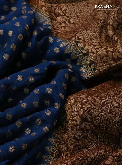 Banarasi georgette saree peacock blue and brown with allover thread & zari woven buttas and woven border