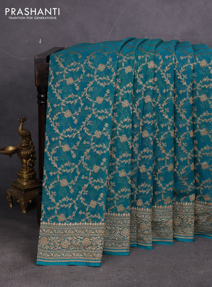 Banarasi georgette saree teal green with allover thread & zari weaves and woven border