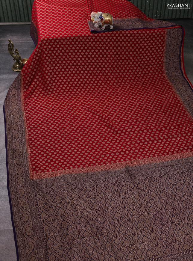 Banarasi georgette saree red and deep violet with allover thread & zari woven buttas and woven border