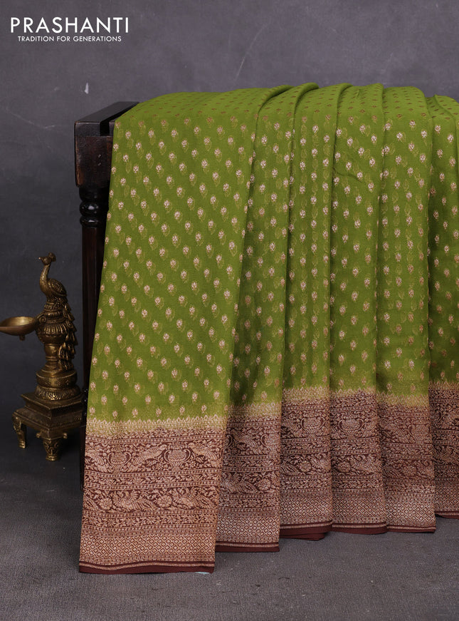 Banarasi georgette saree mehendi green and brown with allover thread & zari woven buttas and woven border