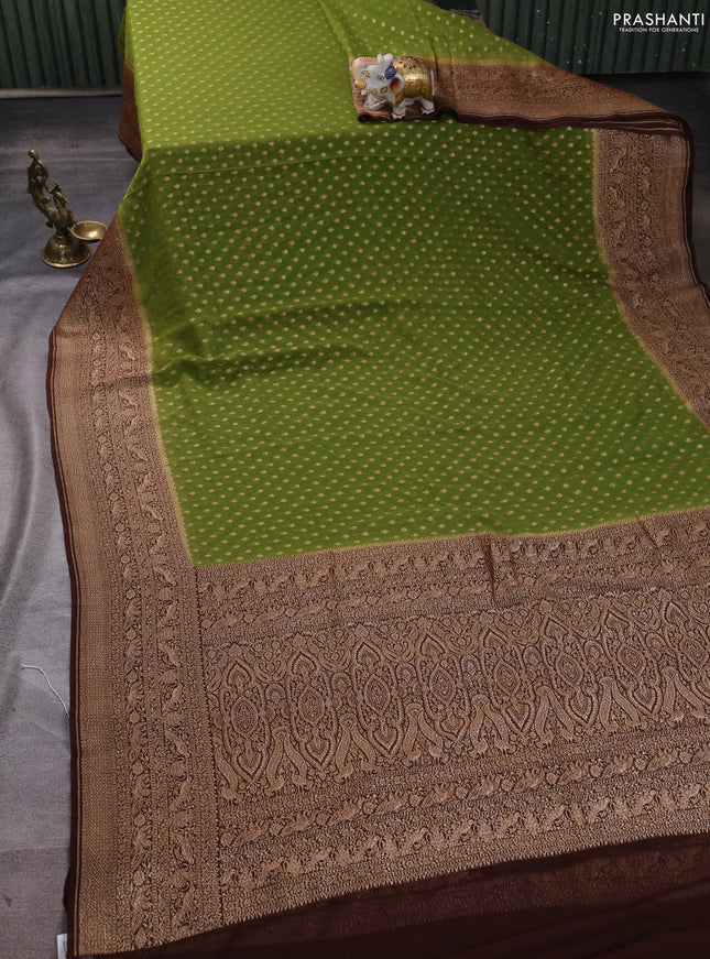 Banarasi georgette saree mehendi green and brown with allover thread & zari woven buttas and woven border