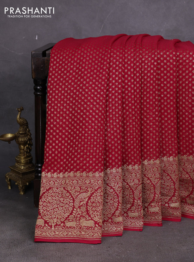 Banarasi georgette saree red with allover thread & zari woven buttas and long woven border