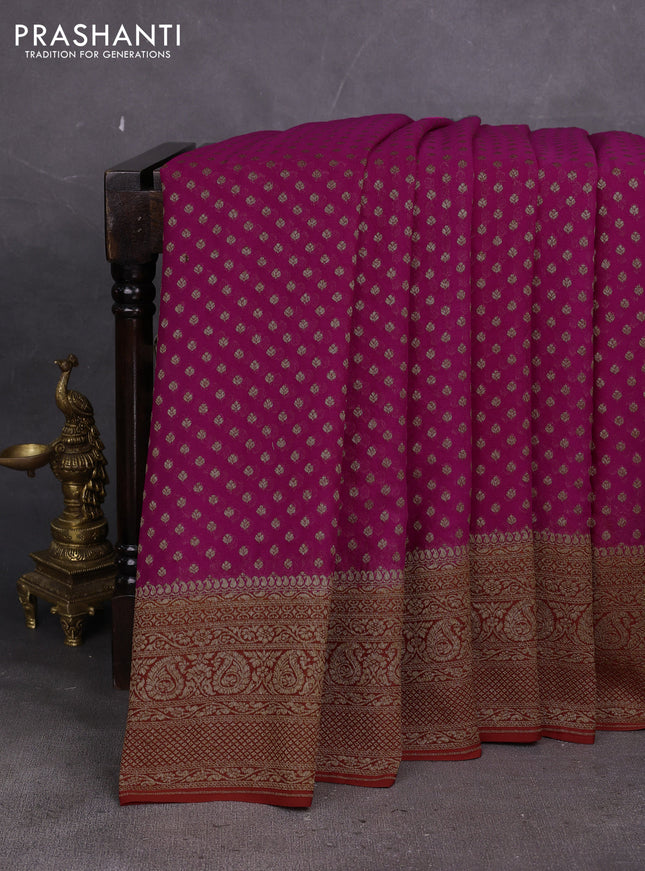 Banarasi georgette saree pink and rust shade with allover thread & zari woven buttas and long woven border