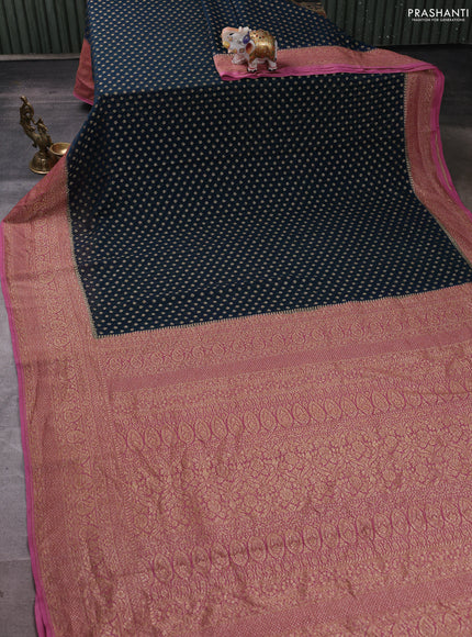 Banarasi georgette saree peacock green and peach pink with allover thread & zari woven buttas and long woven border