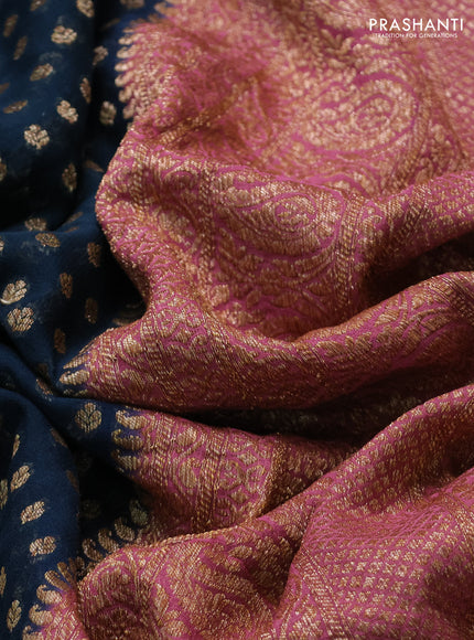 Banarasi georgette saree peacock green and peach pink with allover thread & zari woven buttas and long woven border