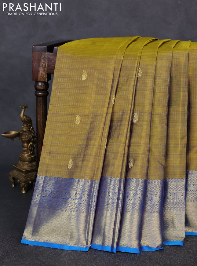 Pure kanchipuram silk saree olive green and cs blue with allover zari weaves & buttas and rich zari woven border