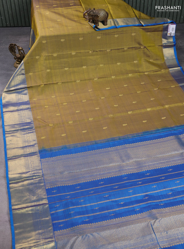 Pure kanchipuram silk saree olive green and cs blue with allover zari weaves & buttas and rich zari woven border