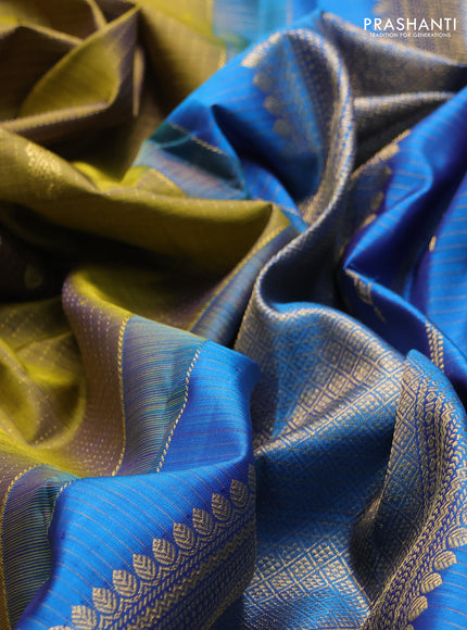 Pure kanchipuram silk saree olive green and cs blue with allover zari weaves & buttas and rich zari woven border