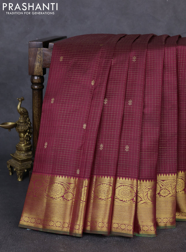 Pure kanchipuram silk saree maroon with allover zari checks & buttas and rich zari woven floral border