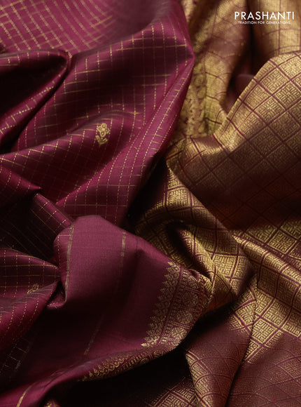 Pure kanchipuram silk saree maroon with allover zari checks & buttas and rich zari woven floral border