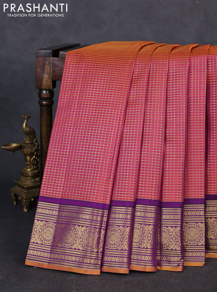 Pure kanchipuram silk saree dual shade of rustic orange and purple with allover zari woven checked pattern and rich zari woven border