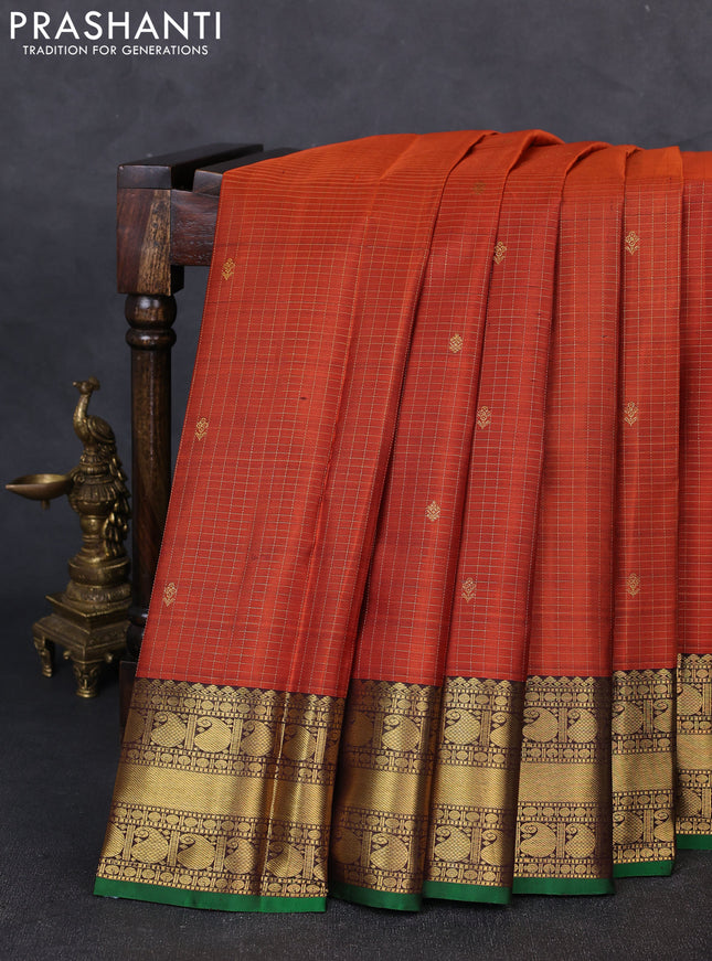 Pure kanchipuram silk saree rust shade and coffee brown with allover zari checks & buttas and rich zari woven paisley border