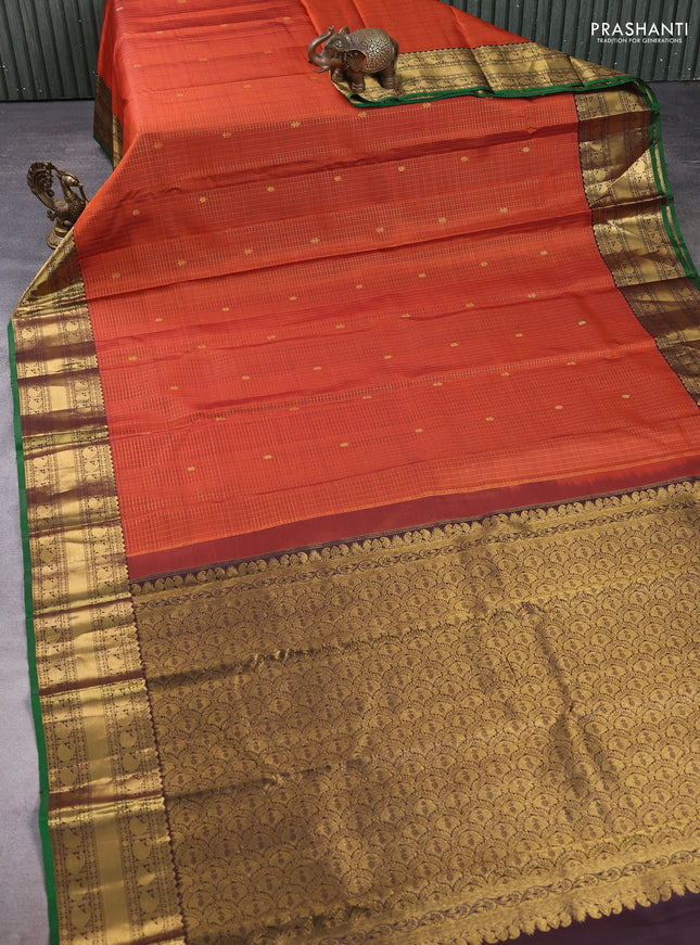 Pure kanchipuram silk saree rust shade and coffee brown with allover zari checks & buttas and rich zari woven paisley border
